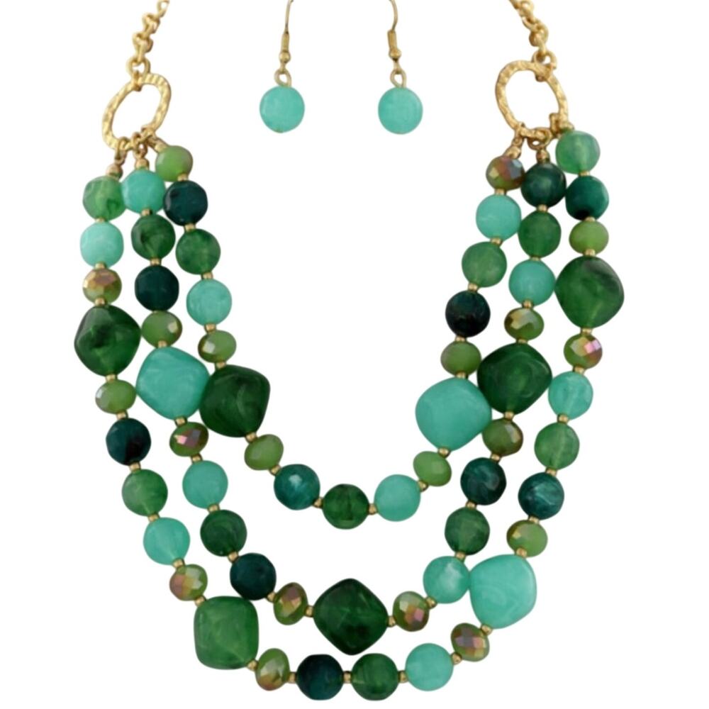 Gold Tone Green Multi Strand Necklace & Earring Set